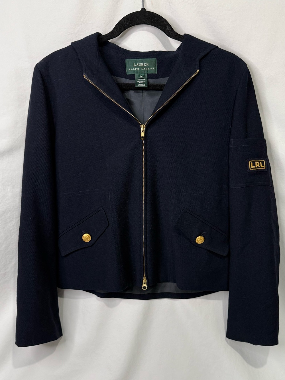Vintage Lauren Ralph Lauren Wool Hooded Jacket M Navy Gold LRL Made USA